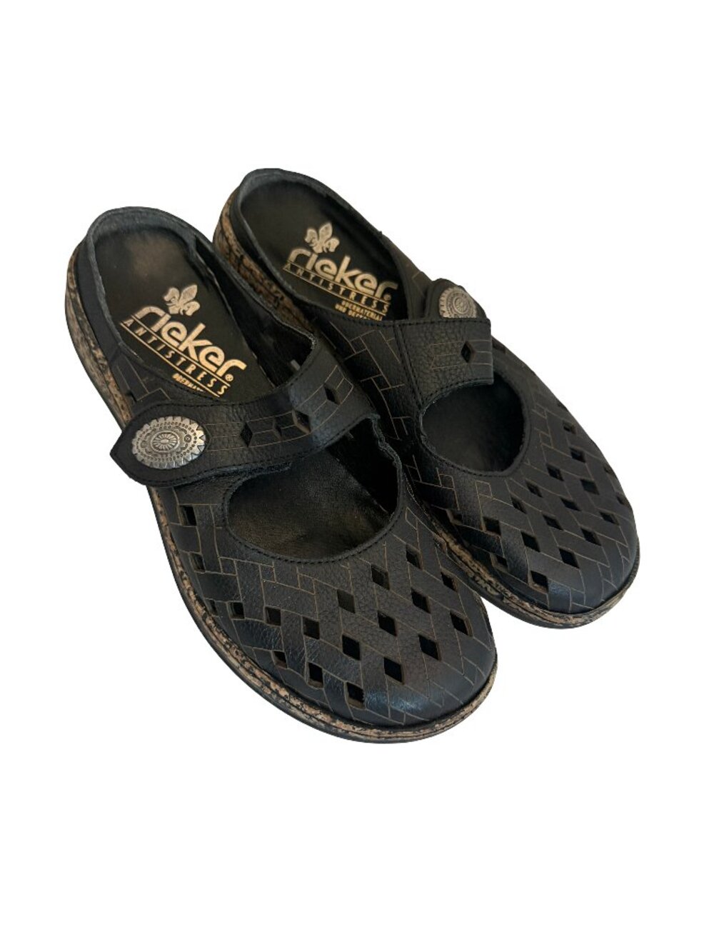 Rieker Black Leather Woven Mary Jane Mules Cutout Clogs Cushioned Size 7 Women's
